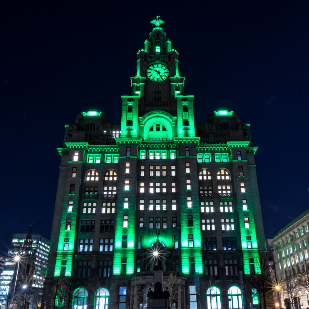 The Liver Building in Liverpool, illuminated green